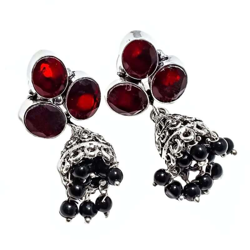 Black Onyx Garnet Jhumki Style 925 Sterling Silver Antique Style Drop Dangle Stud Earrings