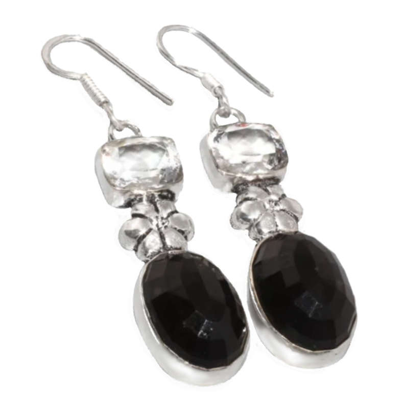 Black Onyx & White Topaz Gemstone with a Floral Accent set in .925 Sterling Silver Plated Earrings