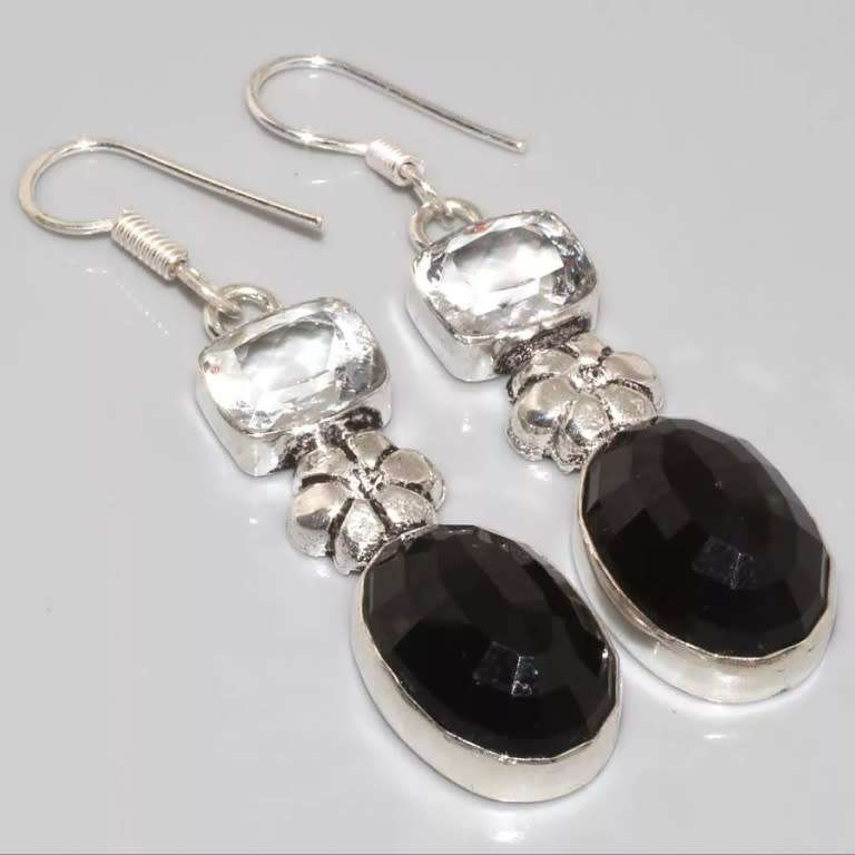 Black Onyx & White Topaz Gemstone with a Floral Accent set in .925 Sterling Silver Plated Earrings