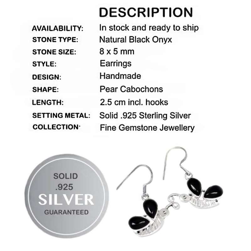 Natural Black Onyx Butterfly Design set in Solid .925 Sterling Silver Dainty Earrings