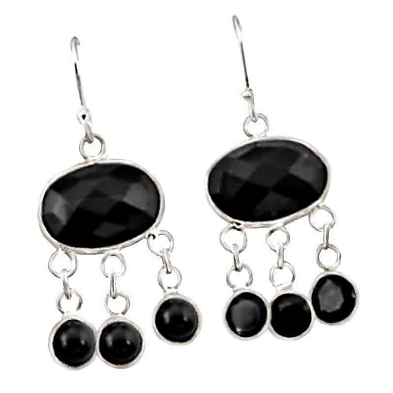 Natural Black Onyx Gemstone set in Solid .925 Sterling Silver Chandelier Earrings