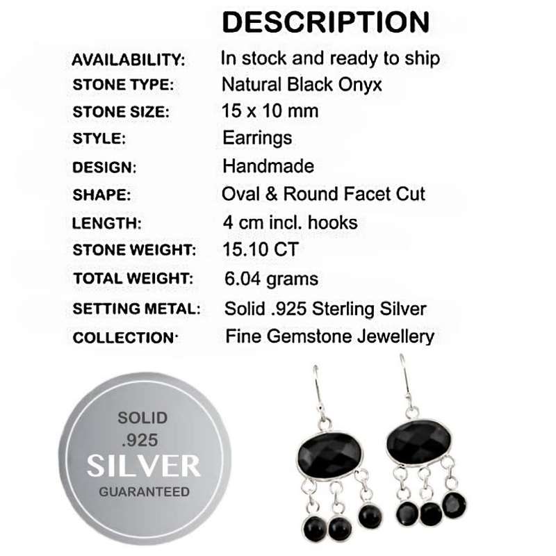 Natural Black Onyx Gemstone set in Solid .925 Sterling Silver Chandelier Earrings