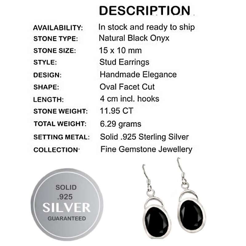Natural Black Onyx Oval Gemstone  set in Solid .925 Sterling Silver Dainty Earrings