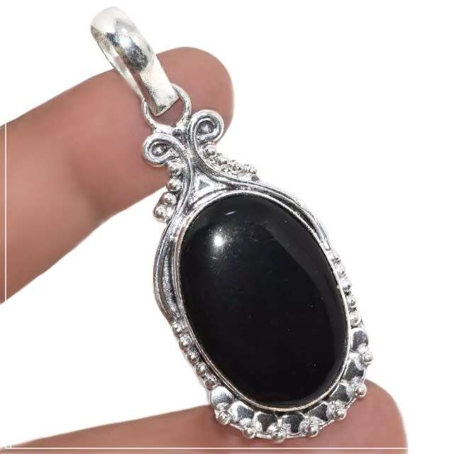 Indonesian Bali -Java Black Onyx Gemstone 925 Silver Pendant