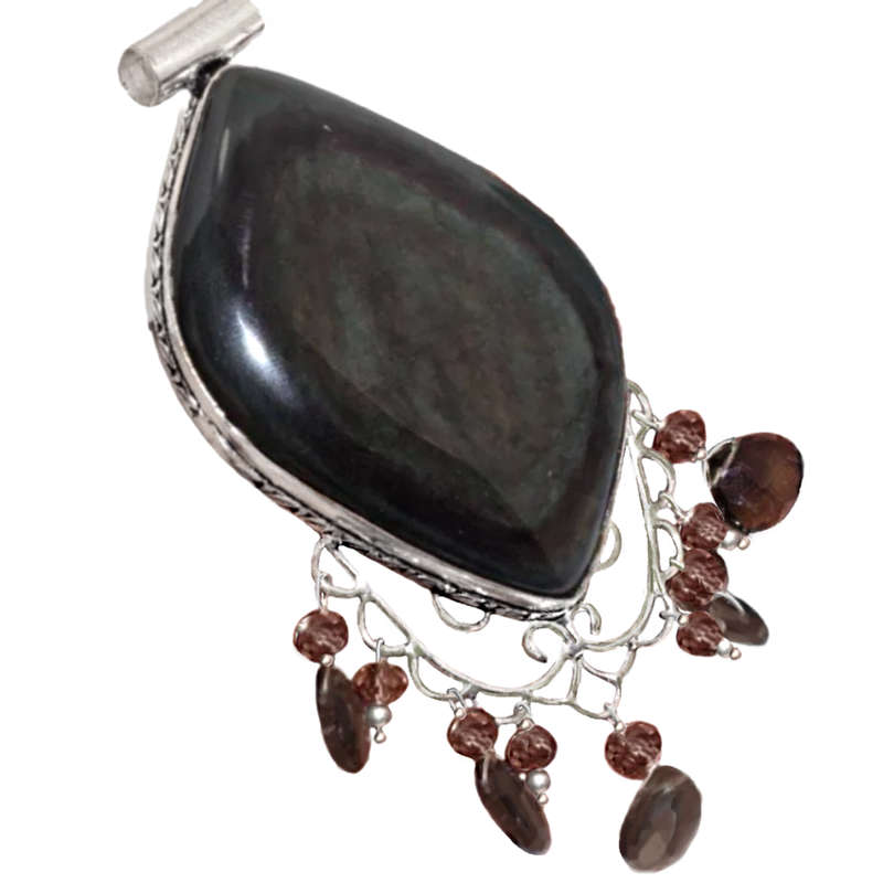 Natural Grey Obsidian and Smoky Quartz Gemstone set in .925 Sterling Silver Plated Pendant