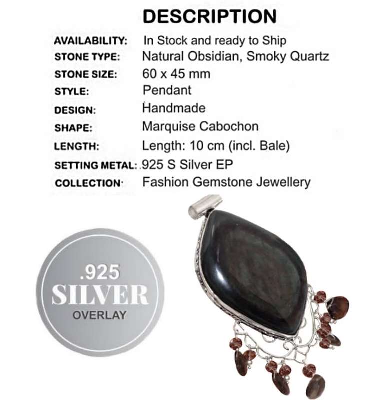 Natural Grey Obsidian and Smoky Quartz Gemstone set in .925 Sterling Silver Plated Pendant