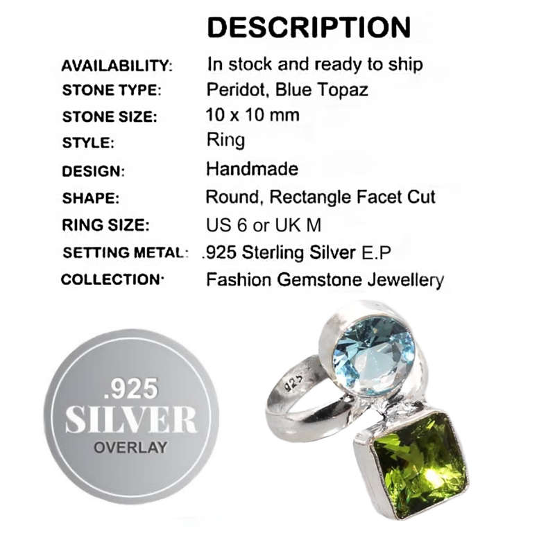 Peridot and Blue Topaz Gemstone set in .925 Sterling Silver Plater Handmade Ring Size US 6 / M