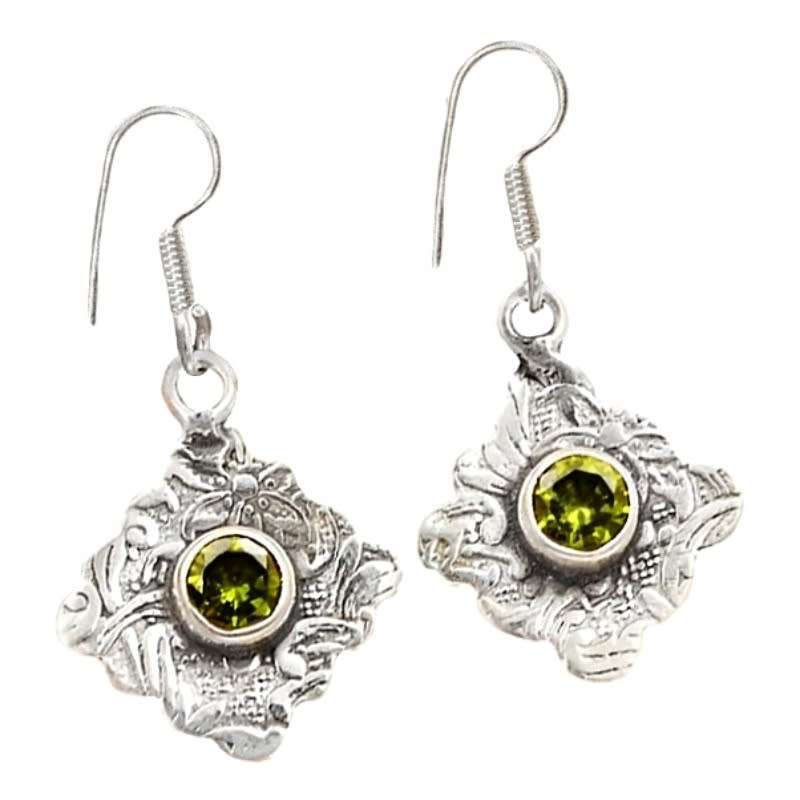 Natural Peridot Round Gemstone st in Solid .925 Sterling Silver Victorian Style Earrings