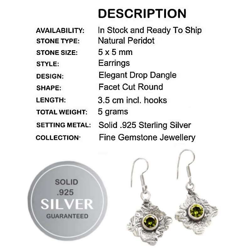 Natural Peridot Round Gemstone st in Solid .925 Sterling Silver Victorian Style Earrings