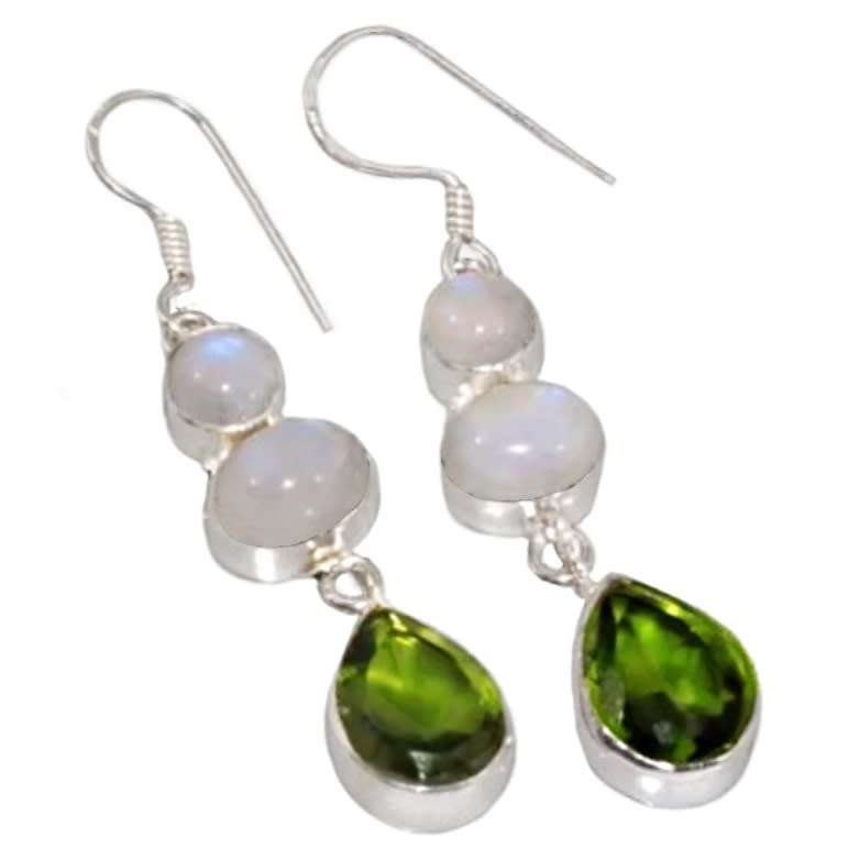 Peridot Pears and Natural Moonstone set in .925 Sterling Silver Plated Handmade Earrings