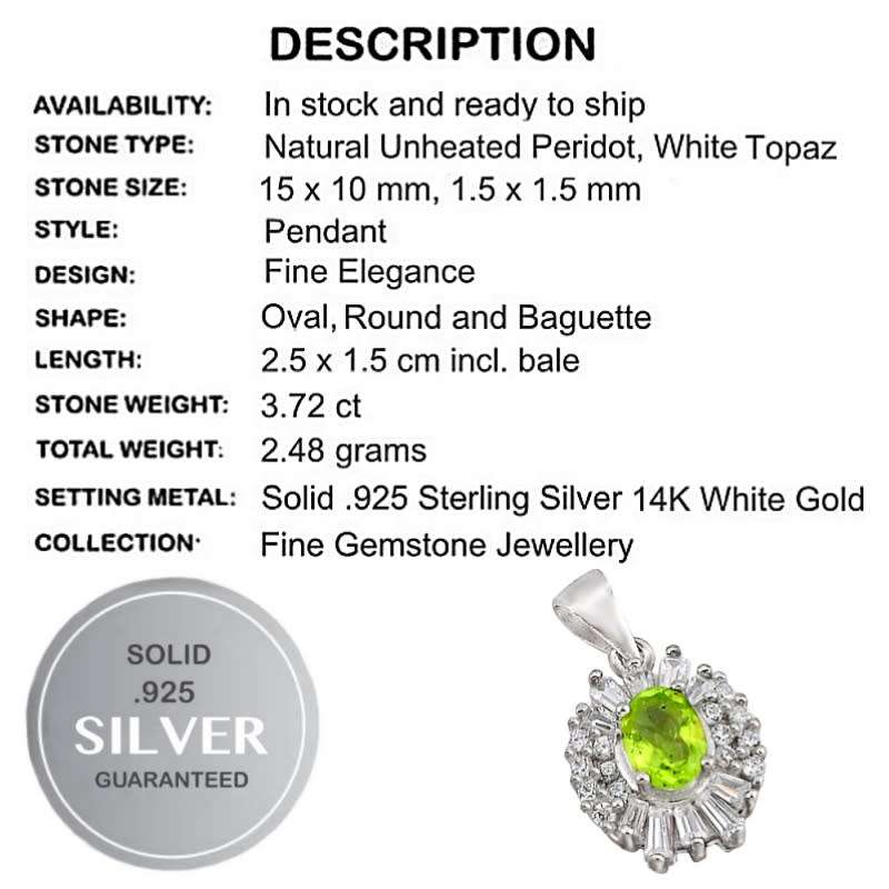 Natural Peridot and White Topaz Gemstone set in Solid .925 Sterling Silver Pendant