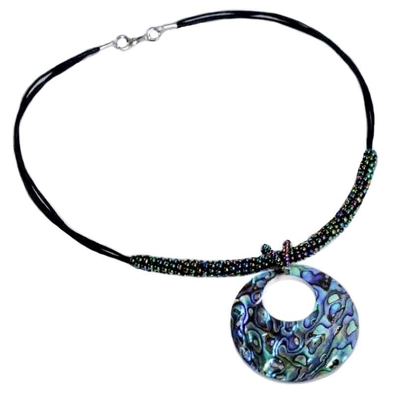 Natural New Zealand Abalone Shell with Peacock Colour Beadwork and Black Suede Handmade Necklace