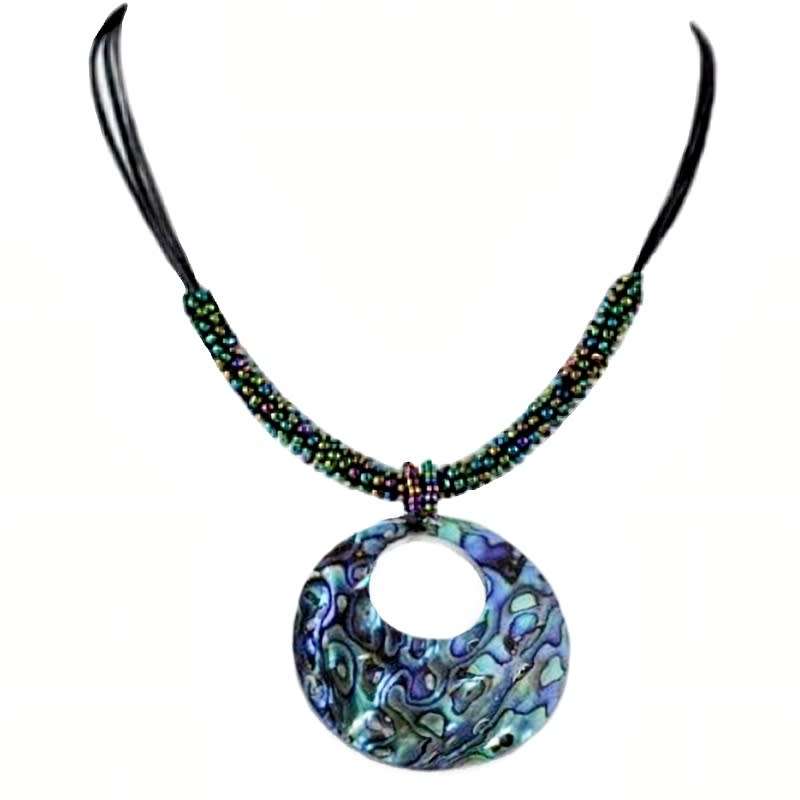 Natural New Zealand Abalone Shell with Peacock Colour Beadwork and Black Suede Handmade Necklace