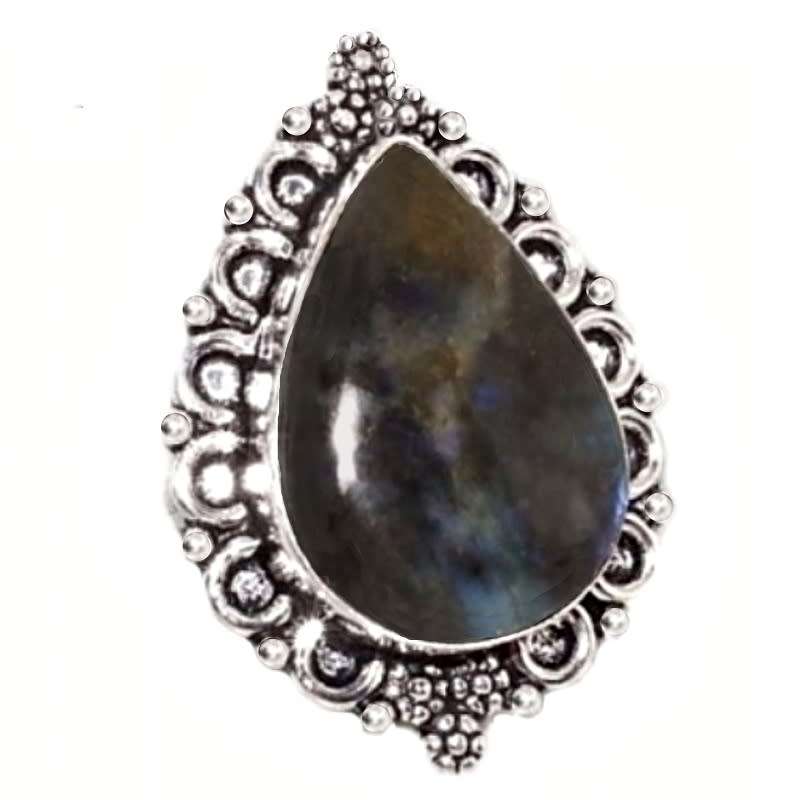 Natural Luminescent Labradorite Pear Gemstone in .925 Sterling Silver Plated Ring Size US 10 /T