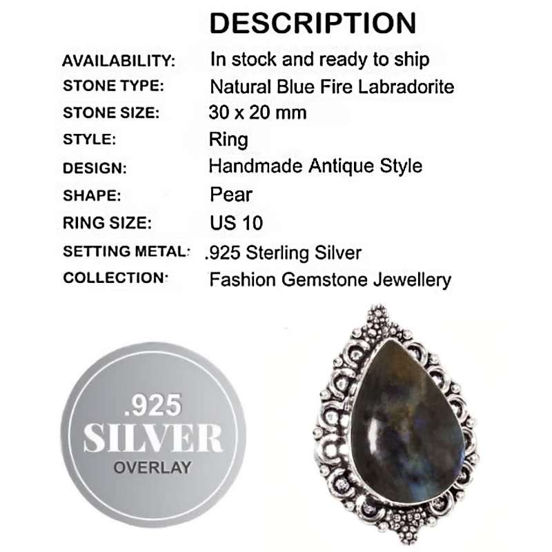 Natural Luminescent Labradorite Pear Gemstone in .925 Sterling Silver Plated Ring Size US 10 /T
