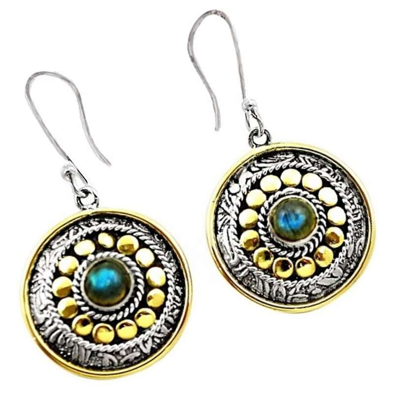 Two Tone Victorian Natural Blue Fire Labradorite Gemstone in Solid .925 Sterling Silver Earrings