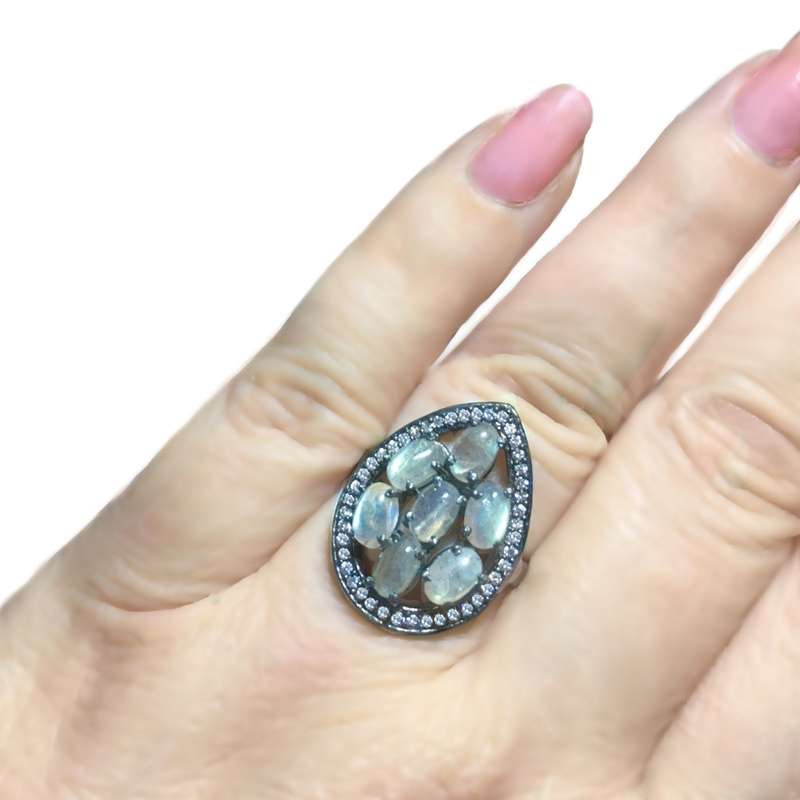 Natural Unheated Labradorite and White CZ  set in Solid .925 Sterling Silver Ring Size US 8 / Q