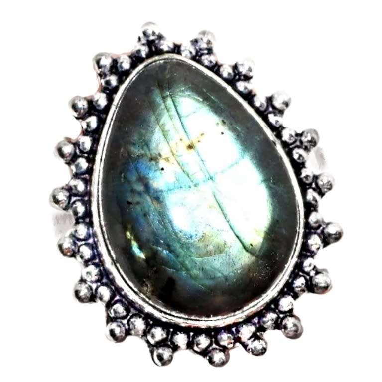 Natural Luminescent Labradorite Pear Gemstone in .925 Sterling Silver Plated Ring Size US 7.5