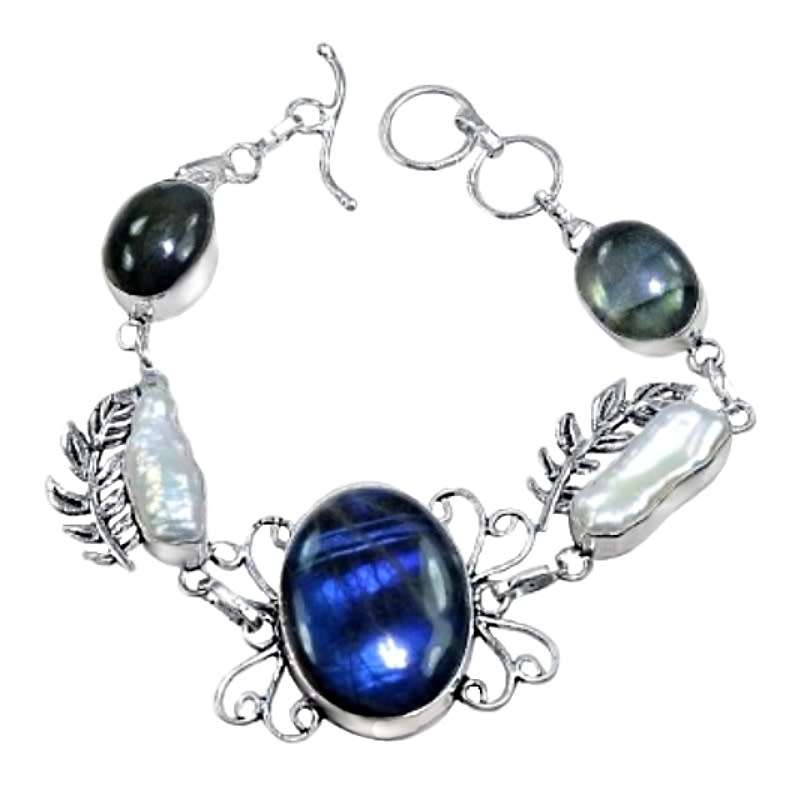 Handmade Natural Fiery Labradorite and Biwa Pearl Gemstone in .925 Sterling Silver Plated Bracelet
