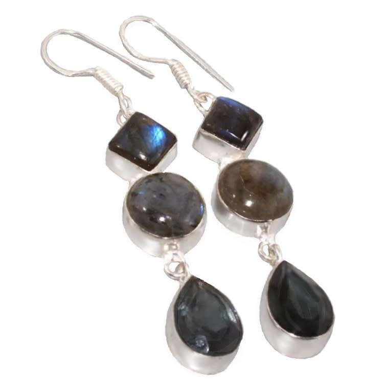 Natural Mixed Shapes Fiery Labradorite and Black Spinel  925 Sterling Silver Plated Earrings