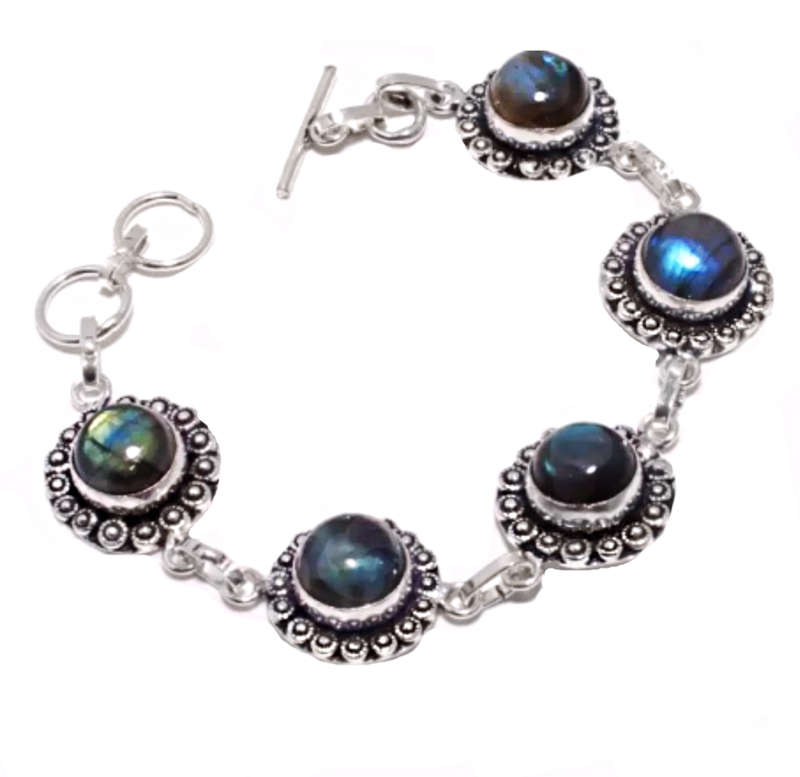 Natural Blue Fire Labradorite Round Gemstones in 925 Sterling Silver Plated Antique Style Bracelet