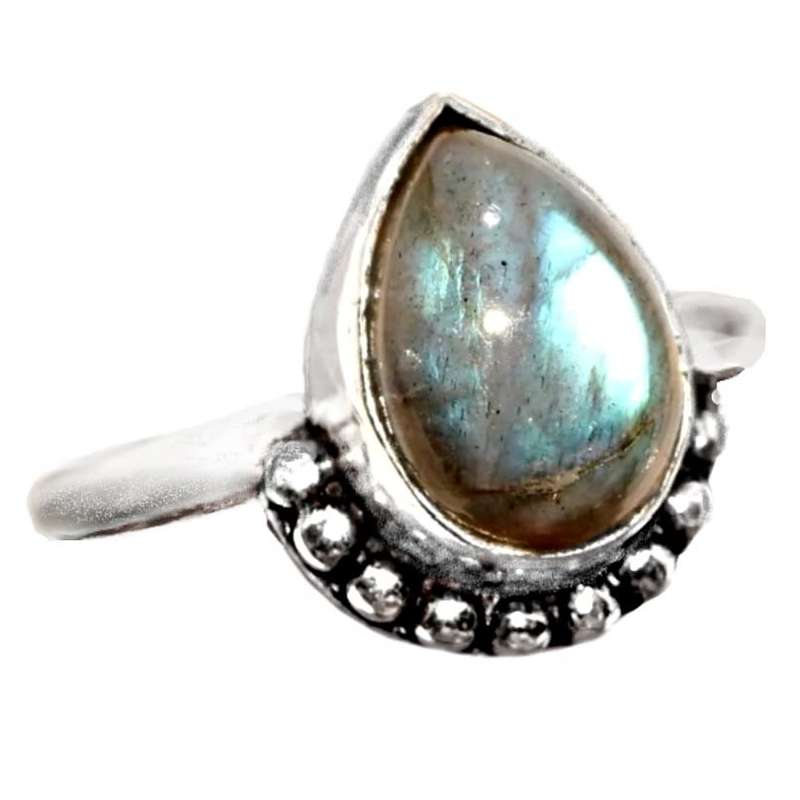 Handmade Natural Labradorite Pear Gemstone set in .925 Sterling Silver Plated Ring Size US 7.5 / P