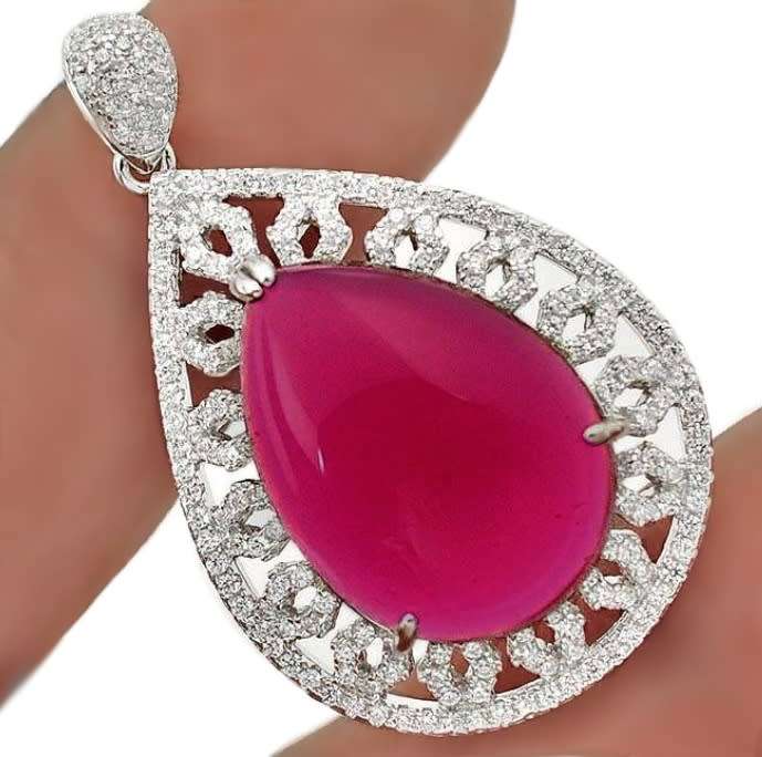 16.17 cts  Pink Red Ruby Pear & Natural White Topaz set in .925 Solid Sterling Silver Pendant