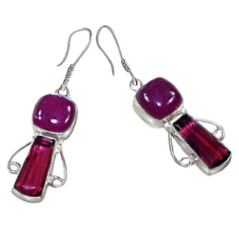 Handmade Indian Cherry Red Ruby Pink Red Ruby Quartz Set in .925 Sterling Silver Plated Earrings