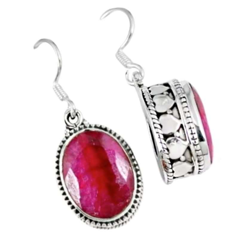 Antique style Indian Ruby Oval Gemstone set in Solid .925 Sterling Silver Dainty Earrings