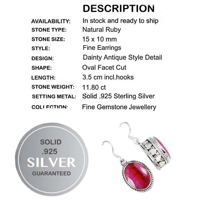 Antique style Indian Ruby Oval Gemstone set in Solid .925 Sterling Silver Dainty Earrings
