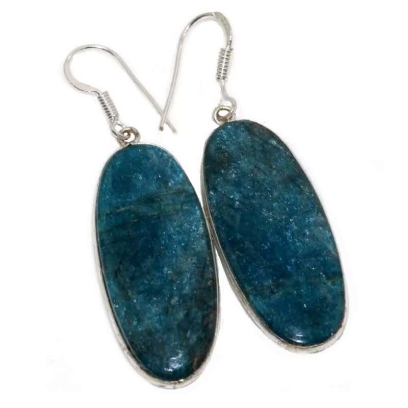 Natural Neon Blue Apatite Oval Gemstone set in .925 Sterling Silver Plated Handmade Earrings