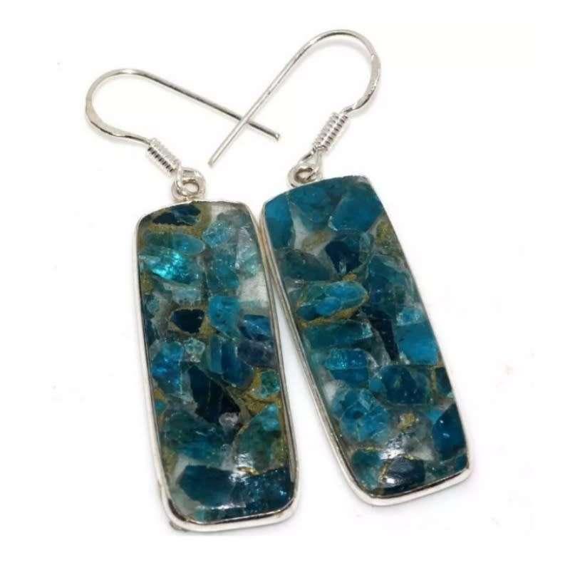 Natural Copper Neon Blue Apatite Rectangle Gemstone in .925 Sterling Silver Plated Handmade Earrings