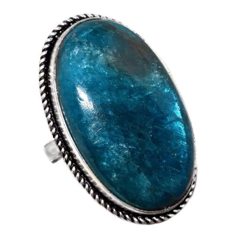 Natural Blue Apatite Oval Gemstone in .925 Sterling Silver Plated Ring Size US 8.5/ Q 1/2