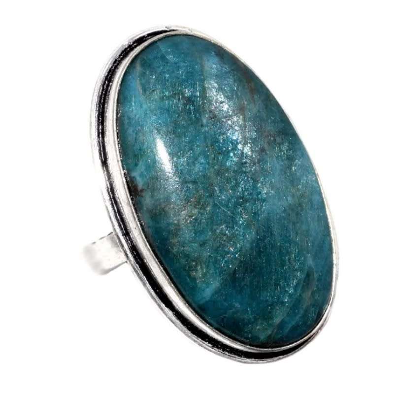 Natural Blue Apatite Oval Gemstone set in .925 Sterling Silver Plated Handmade Ring Size US 8/ Q