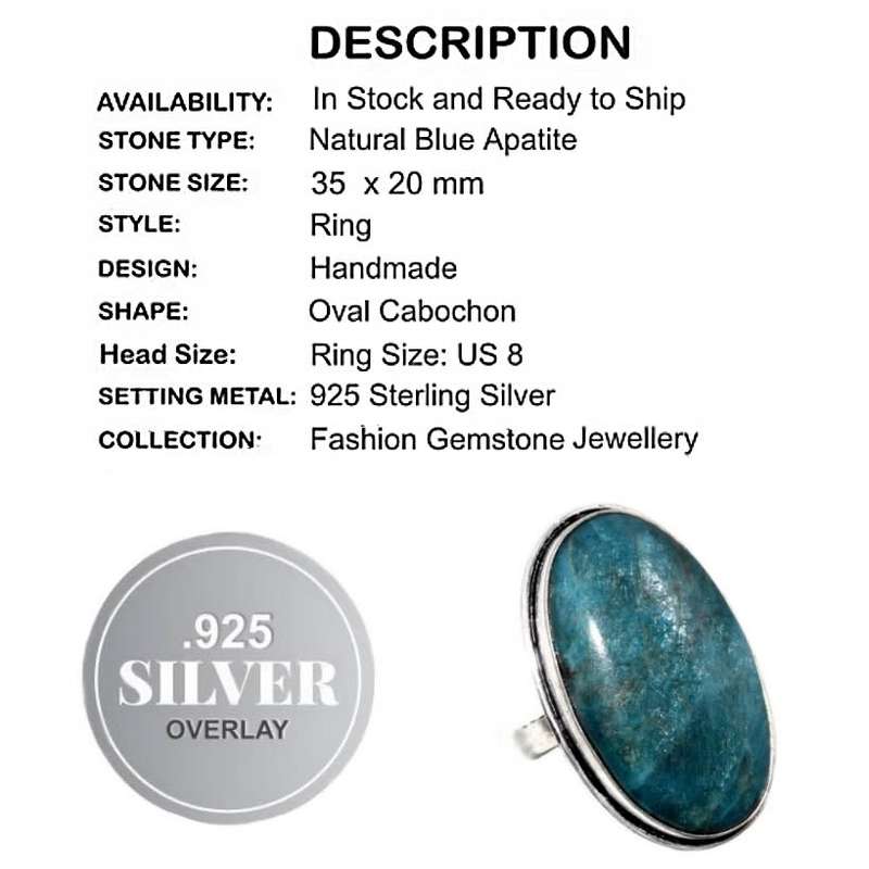 Natural Blue Apatite Oval Gemstone set in .925 Sterling Silver Plated Handmade Ring Size US 8/ Q