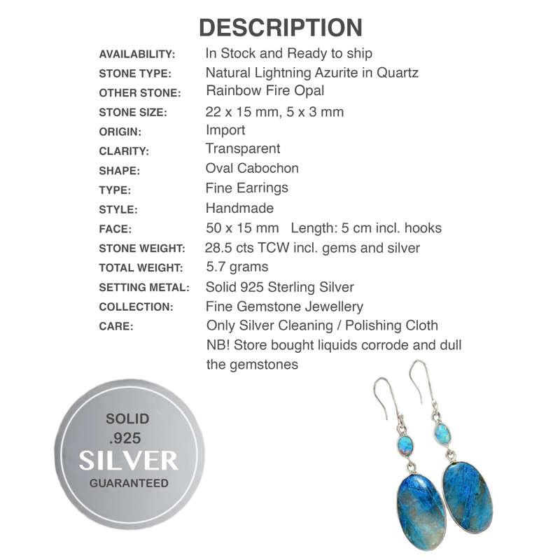 Natural Lightning Azurite in Quartz, Fire Opal set in Solid .925 Sterling Silver Earrings