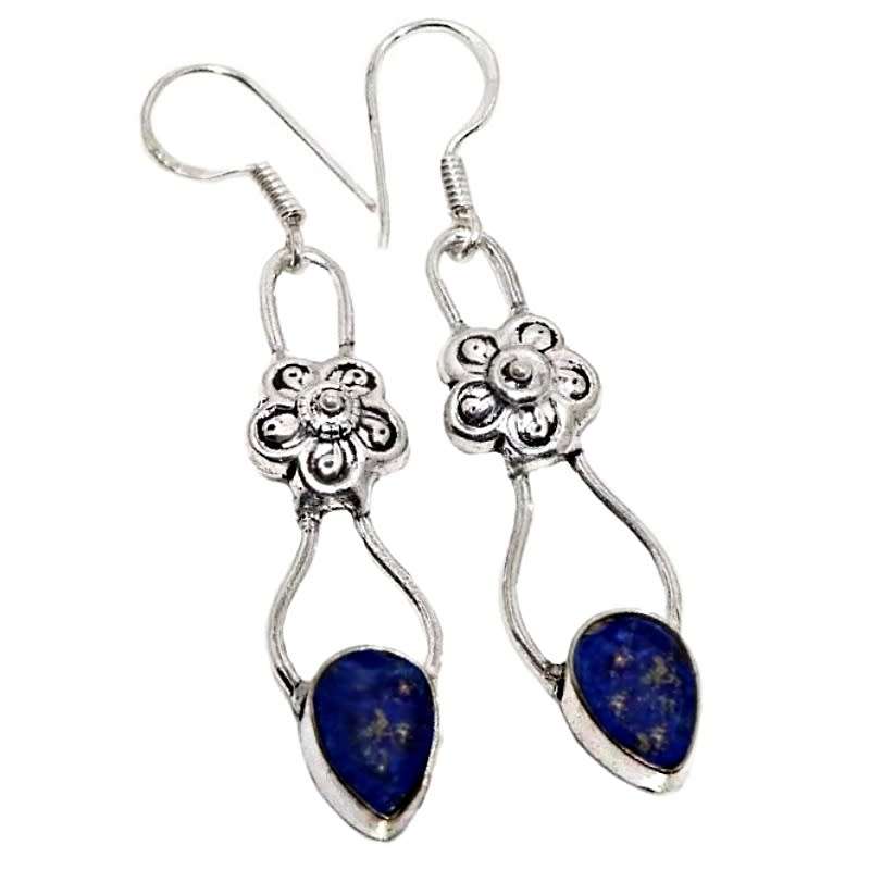 Natural Lapis Lazuli Pear Gemstone with Floral Accent in .925 Sterling Silver Plated H/made Earrings