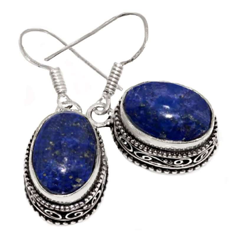 Natural Lapis Lazuli Oval Gemstone set in Antique Style .925 Sterling Silver Plated Earrings