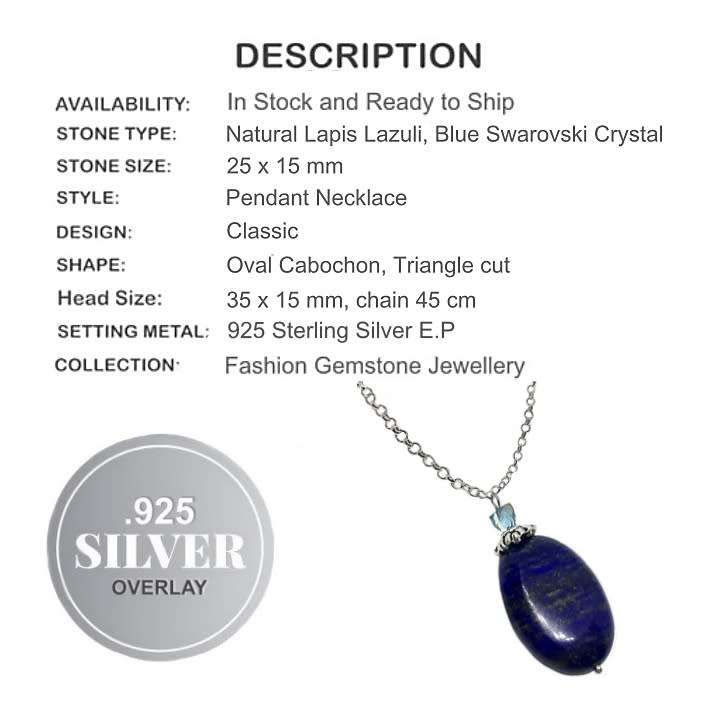 Natural Lapis Lazuli Oval and Swarovski Crystal 3D Triangular Bead .925 Silver Chain Necklace