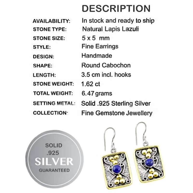 Victorian Genuine Lapis Lazuli Two Tone in  Solid .925 Sterling Silver Earriings