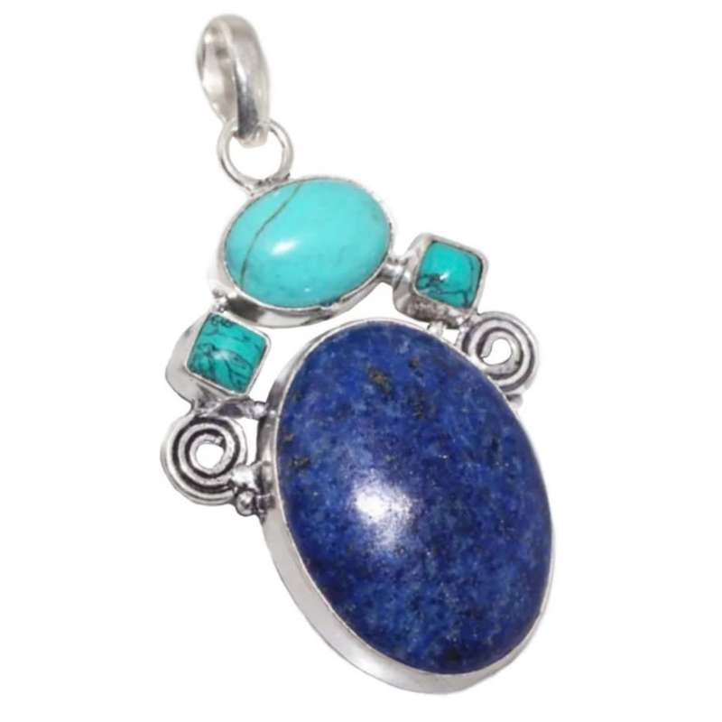 Natural Lapis Lazuli Oval and Turquoise Gemstone set in .925 Sterling Silver Plated Handmade Pendant