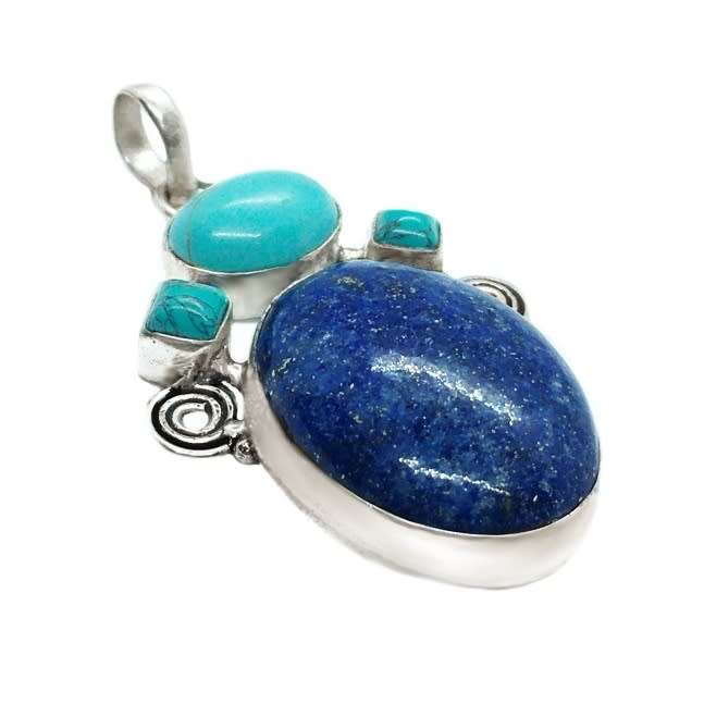 Natural Lapis Lazuli Oval and Turquoise Gemstone set in .925 Sterling Silver Plated Handmade Pendant