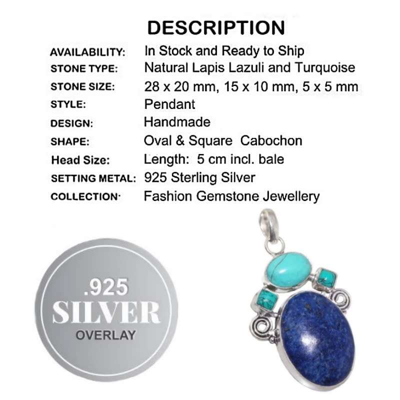 Natural Lapis Lazuli Oval and Turquoise Gemstone set in .925 Sterling Silver Plated Handmade Pendant