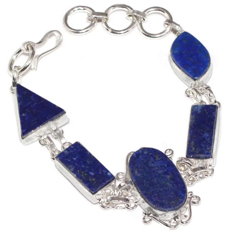 Antique Style Natural Lapis Lazuli Gemstone .925 Sterling Silver Bracelet