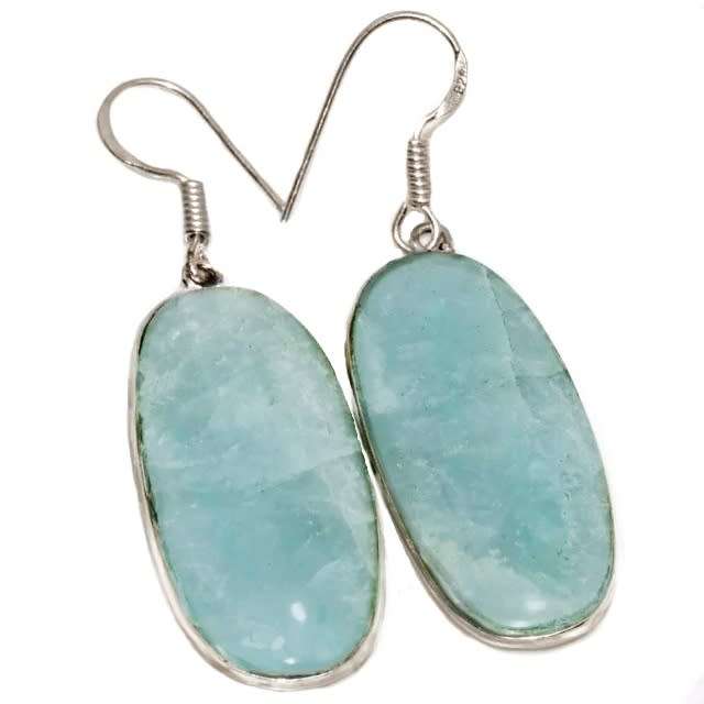 Natural Aquamarine Oval Gemstone set in .925 Sterling Silver Plated Handmade Earrings