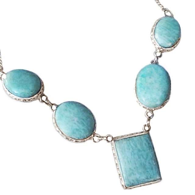 Natural Aqua Green Amazonite Square Gemstones in 925 Sterling Silver Plated Necklace