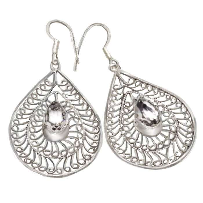 White Topaz  Facet Cuts Pears set in .925 Sterling Silver Plated Handmade One of a Kind Earrings