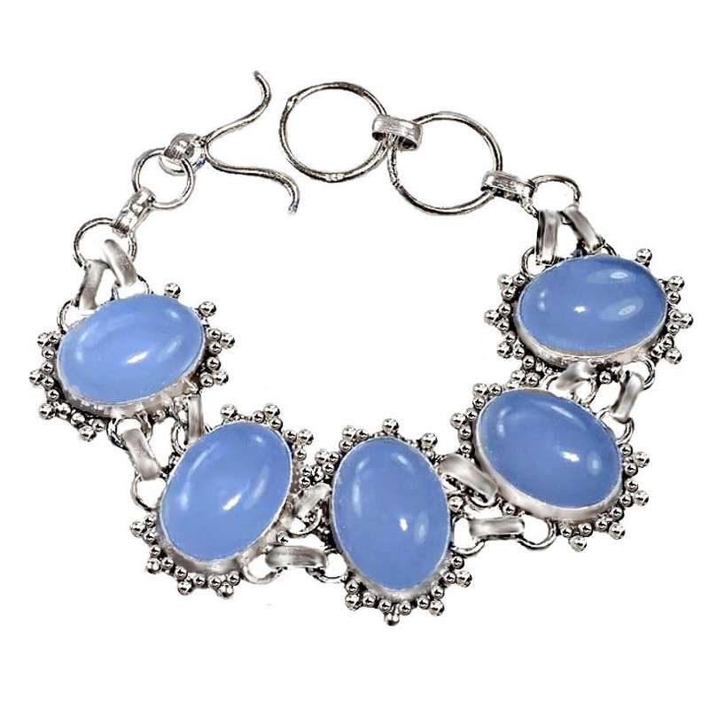 Antique Style Blue Chalcedony Oval Gemstone set in .925 Sterling Silver Plated Handmade Bracelet