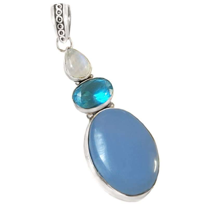 Natural Blue Chalcedony Topaz Rainbow Moonstone set in .925 Sterling Silver Plated Handmade Pendant
