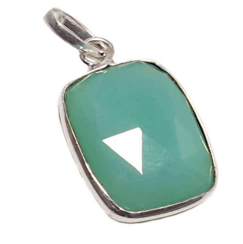 Aqua Green Chalcedony Rectangle Gemstone set in .925 Sterling Silver Handmade Pendant